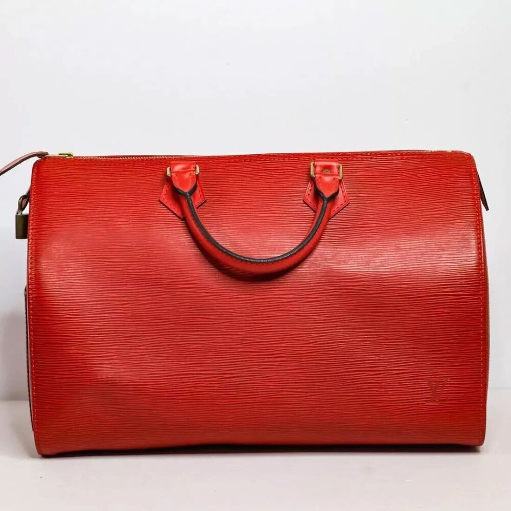Louis Vuitton Epi Speedy 35 Red Satchel Handbag with Lock + Original Storage Bag